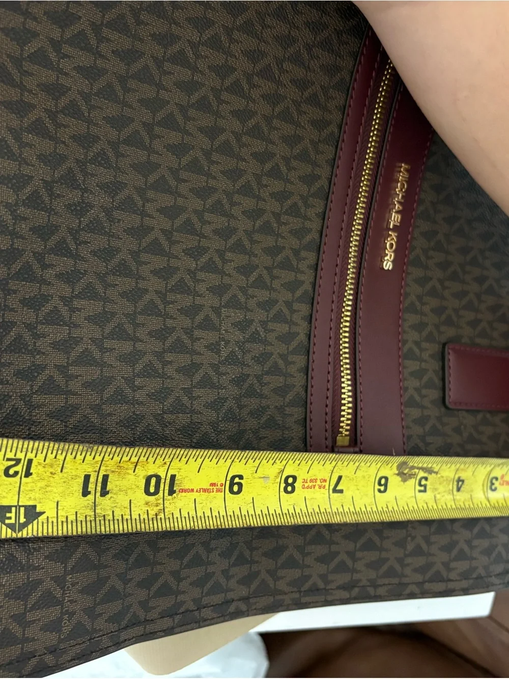 Michael Kors Brown MK Logo Tote with Burgundy Leather Trim